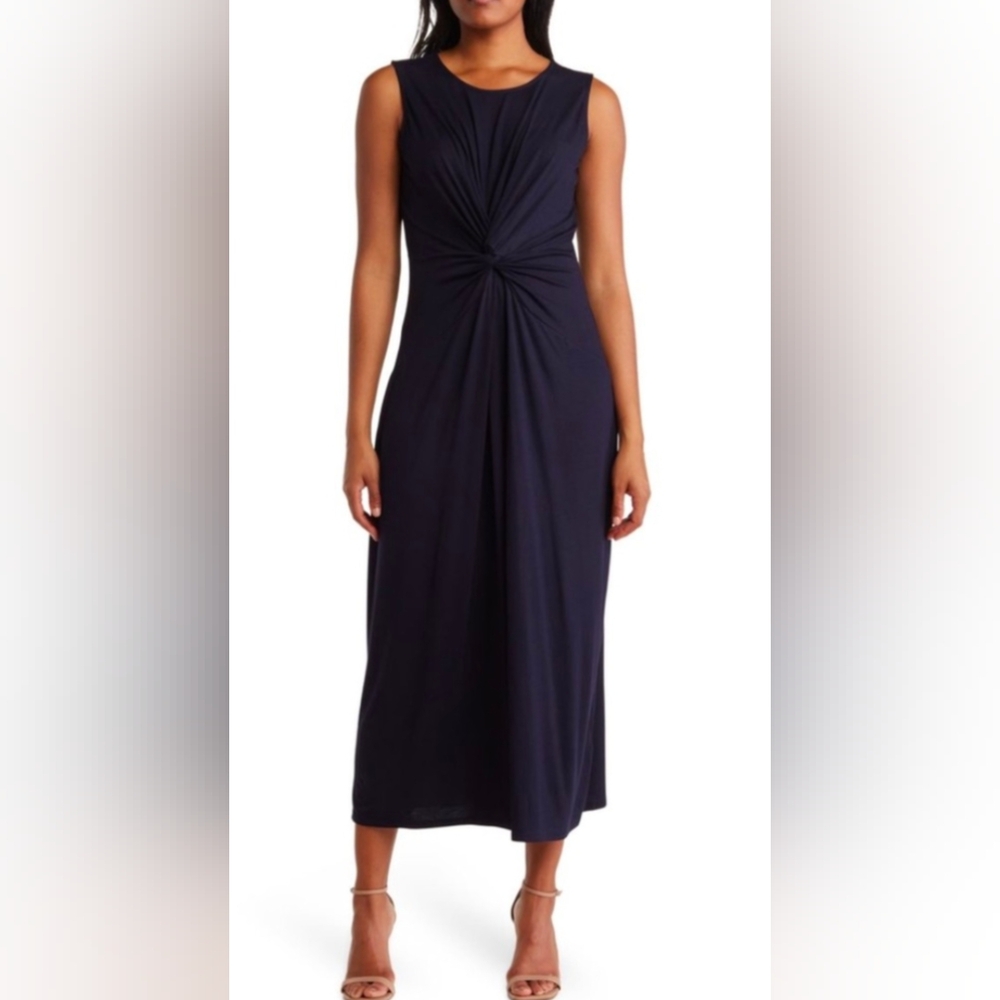 Tahari Tank Maxi Dress Womens Small Front Twist Knot Jersey Blue Sleeveless NWT